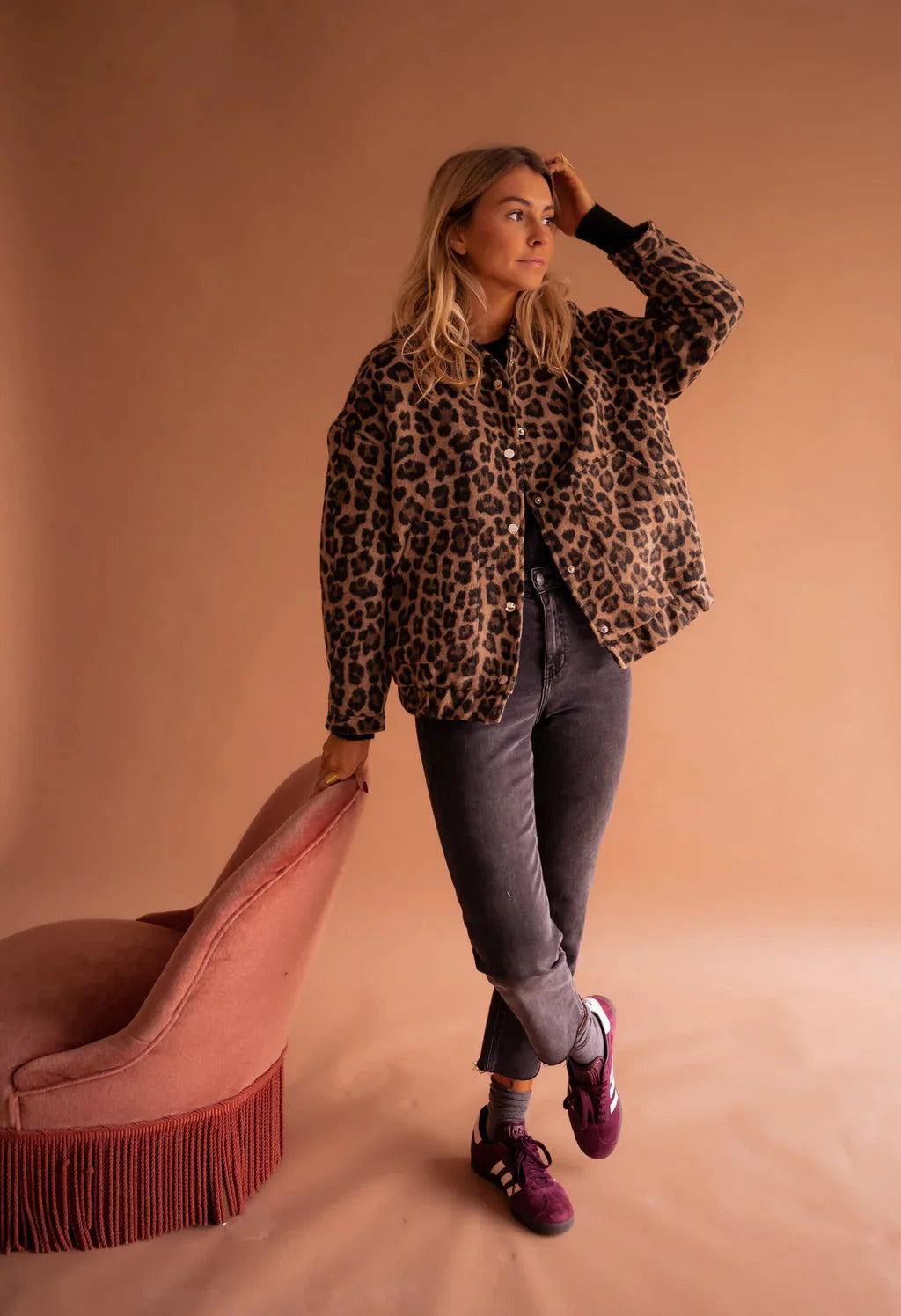 Women's Teddy Bomber Jacket with Leopard Print for Fall