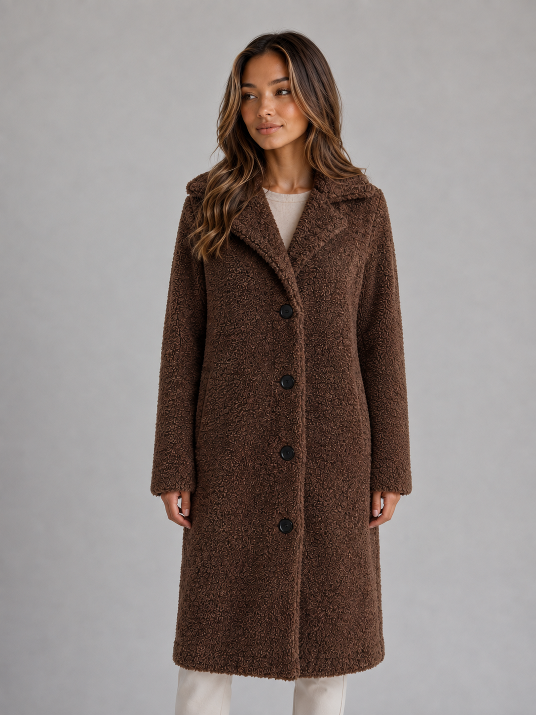 Women's Long Teddy Coat with Button Front for Fall for Daily Use Dark Brown