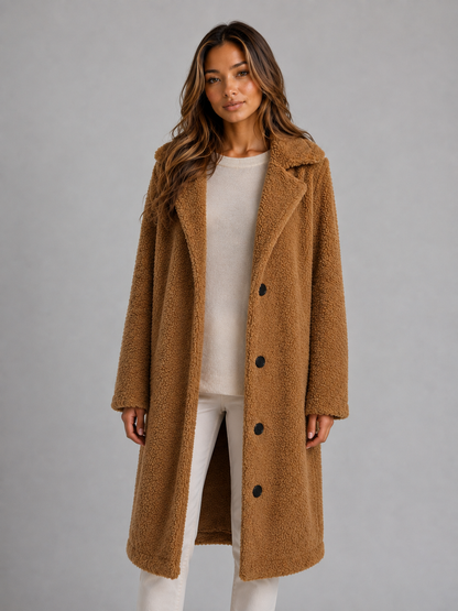Women's Long Teddy Coat with Button Front for Fall for Daily Use Brown