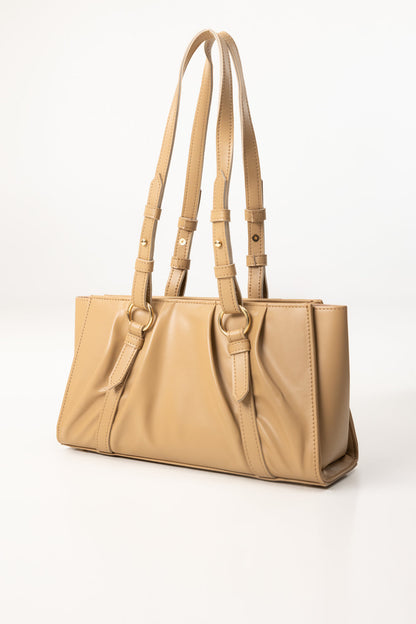 Women's Beige Faux Leather Shoulder Bag with Gold-Tone Hardware