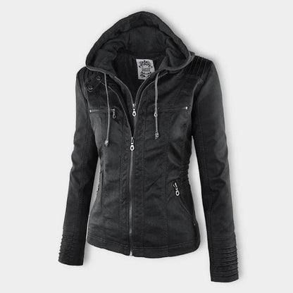 Women's Hooded Faux Leather Motorcycle Jacket with Full front zipper