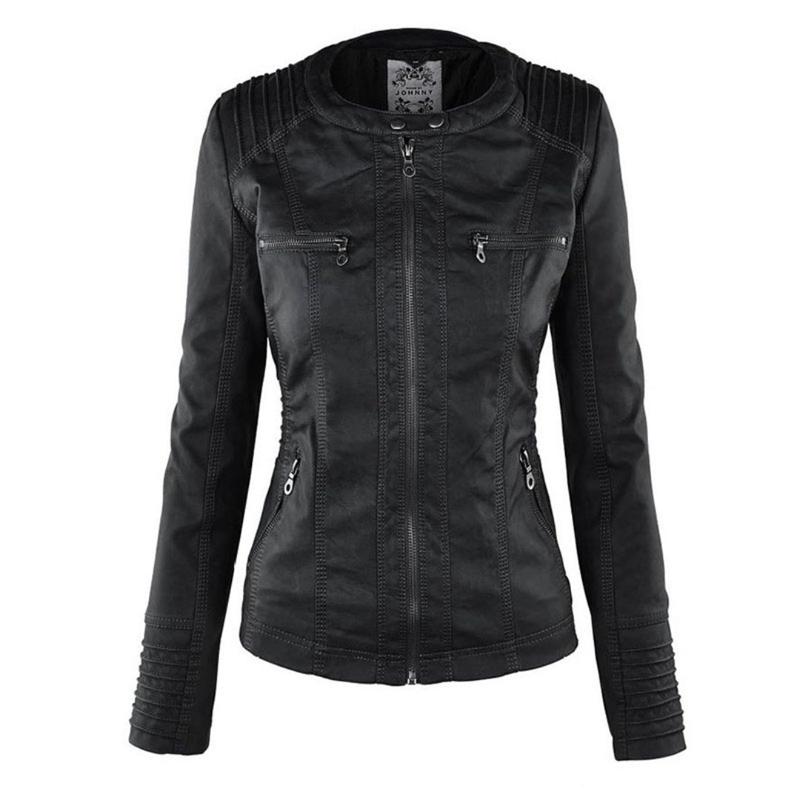 Women's Hooded Faux Leather Motorcycle Jacket with Full front zipper