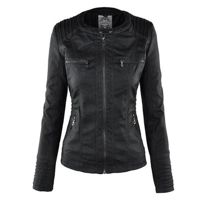 Women's Hooded Faux Leather Motorcycle Jacket with Full front zipper