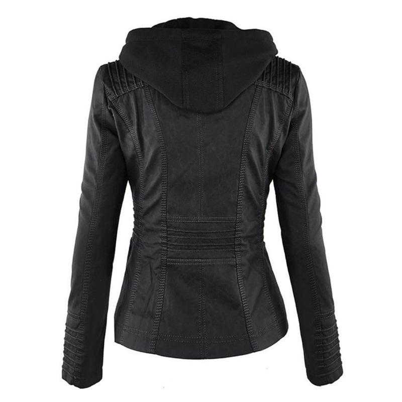 Women's Hooded Faux Leather Motorcycle Jacket with Full front zipper