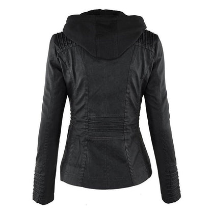 Women's Hooded Faux Leather Motorcycle Jacket with Full front zipper