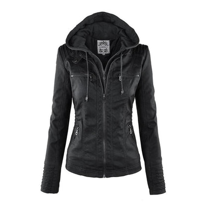 Women's Hooded Faux Leather Motorcycle Jacket with Full front zipper Black