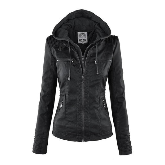 Women's Hooded Faux Leather Motorcycle Jacket with Full front zipper Black