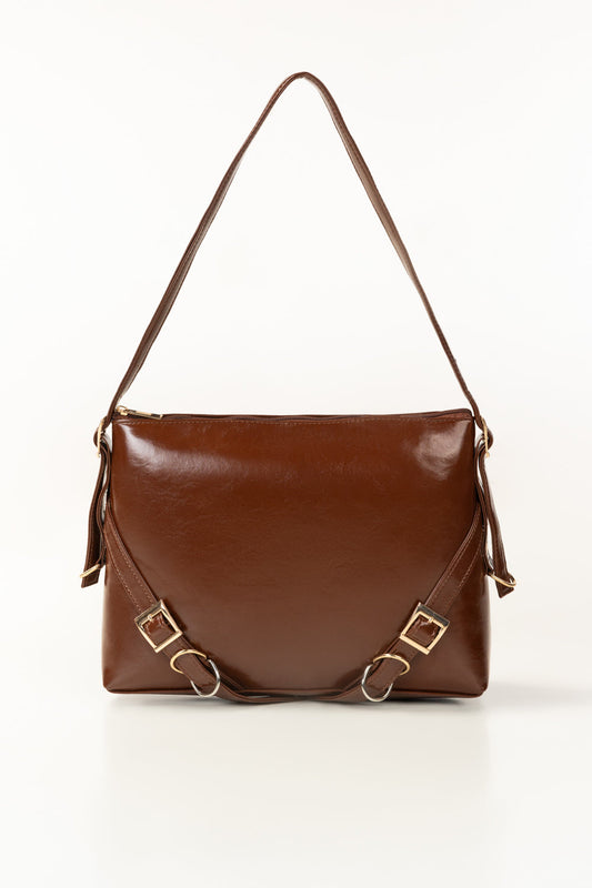 Women's Brown Glossy Faux Leather Shoulder Bag with Gold-Tone Buckle
