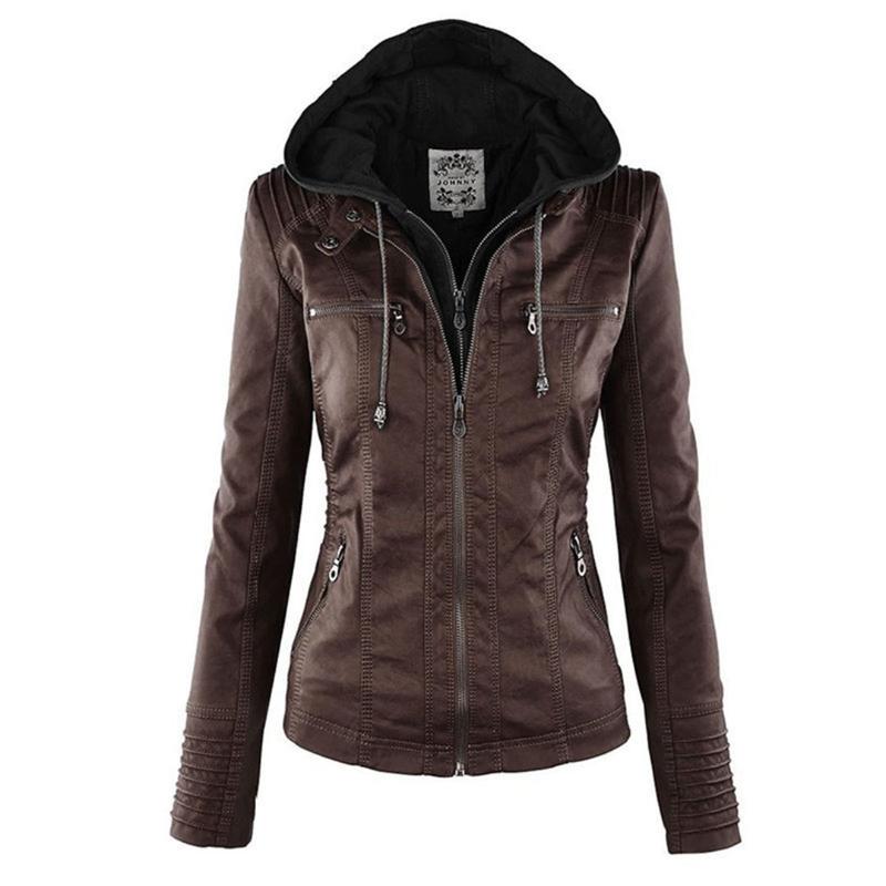 Women's Hooded Faux Leather Motorcycle Jacket with Full front zipper Chocolate Brown