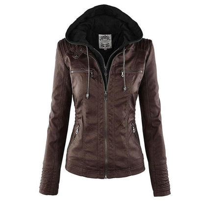 Women's Hooded Faux Leather Motorcycle Jacket with Full front zipper Chocolate Brown