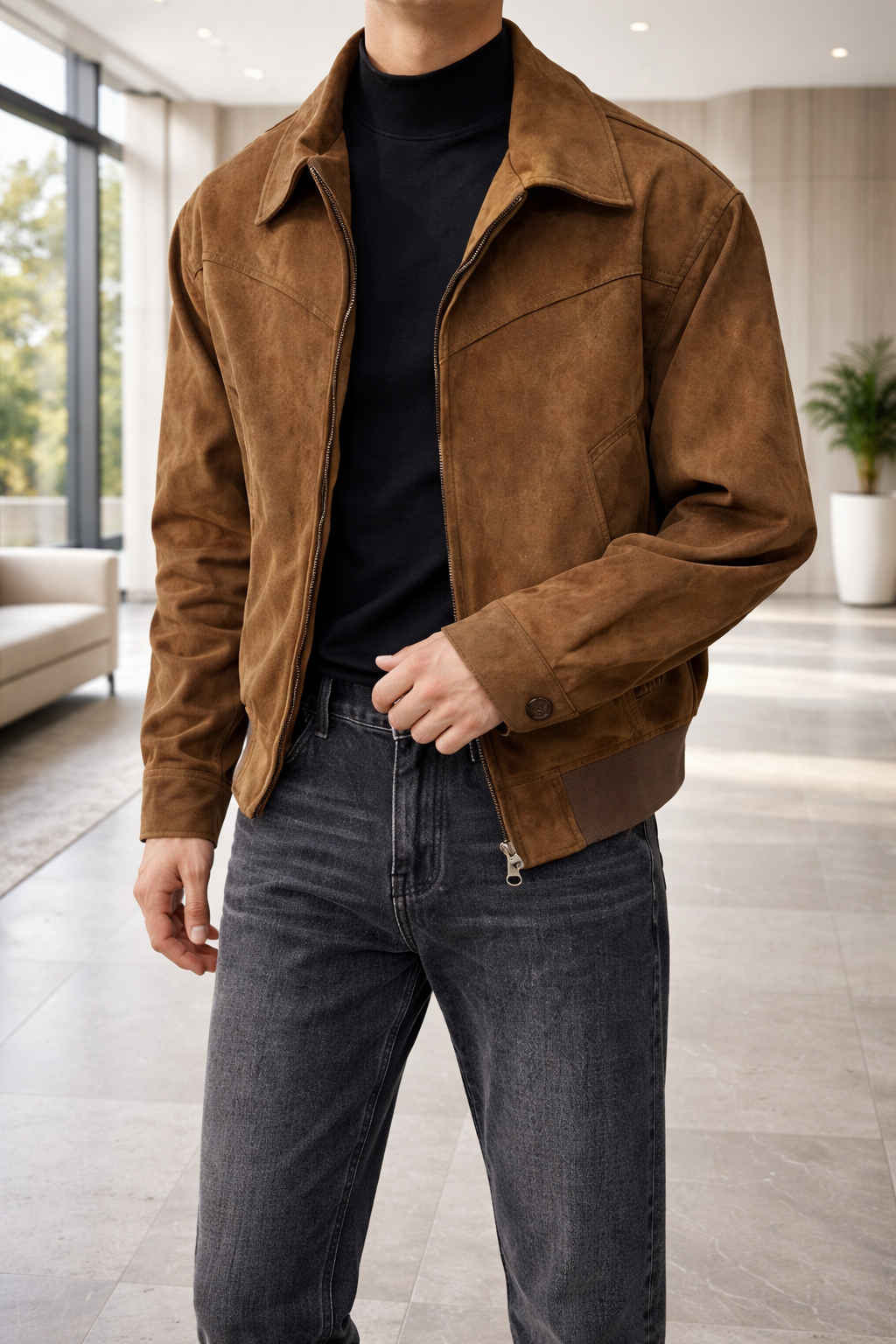 Men's Suede Leather Jacket with Zipper Front Closure for Daily Use Brown