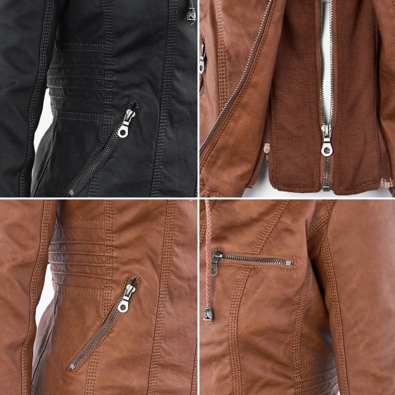Women's Hooded Faux Leather Motorcycle Jacket with Full front zipper