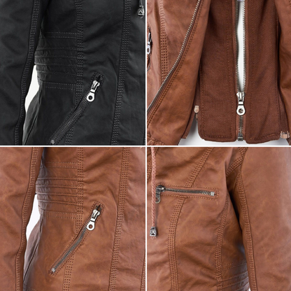 Women's Hooded Faux Leather Motorcycle Jacket with Full front zipper