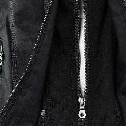 Women's Hooded Faux Leather Motorcycle Jacket with Full front zipper