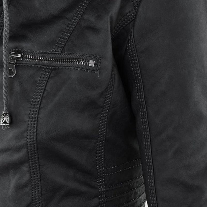 Women's Hooded Faux Leather Motorcycle Jacket with Full front zipper
