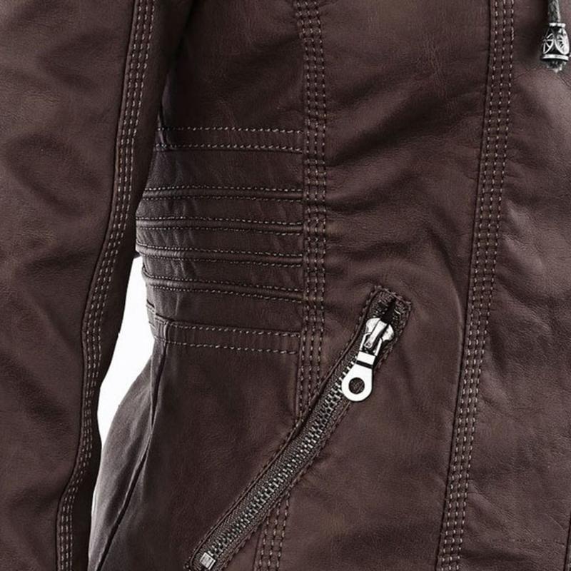 Women's Hooded Faux Leather Motorcycle Jacket with Full front zipper