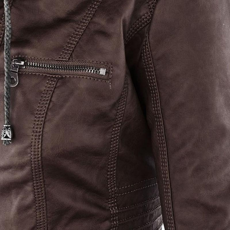 Women's Hooded Faux Leather Motorcycle Jacket with Full front zipper