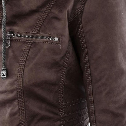 Women's Hooded Faux Leather Motorcycle Jacket with Full front zipper