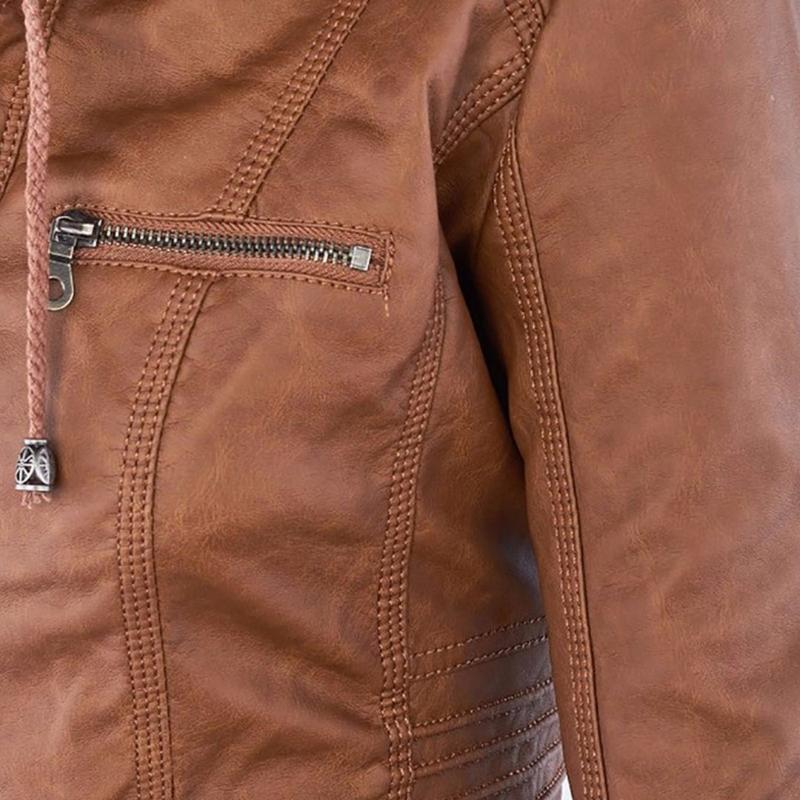 Women's Hooded Faux Leather Motorcycle Jacket with Full front zipper