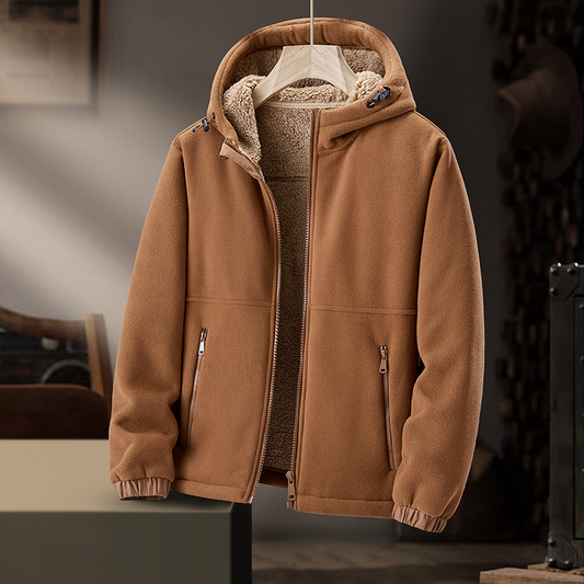 Men's Sherpa-Lined Fleece Hoodie with Cozy Fur Hood with Front zip-up Camel