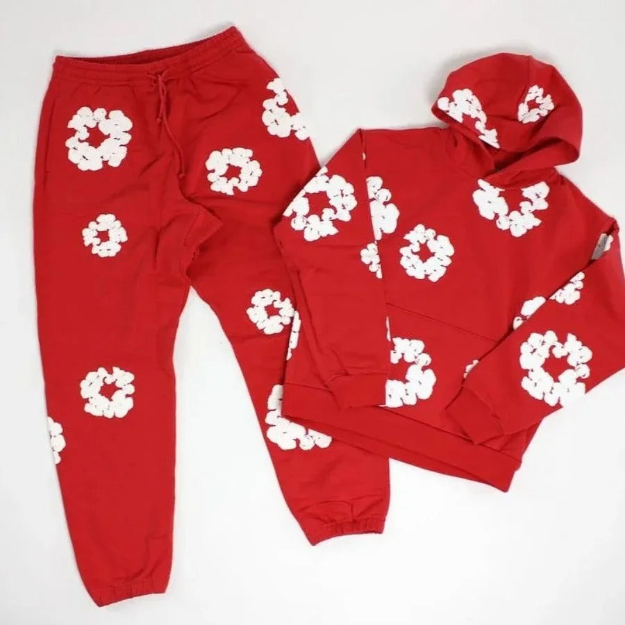 Men's Printed Denim Tracksuit Set – Casual Streetwear Outfit Red suit