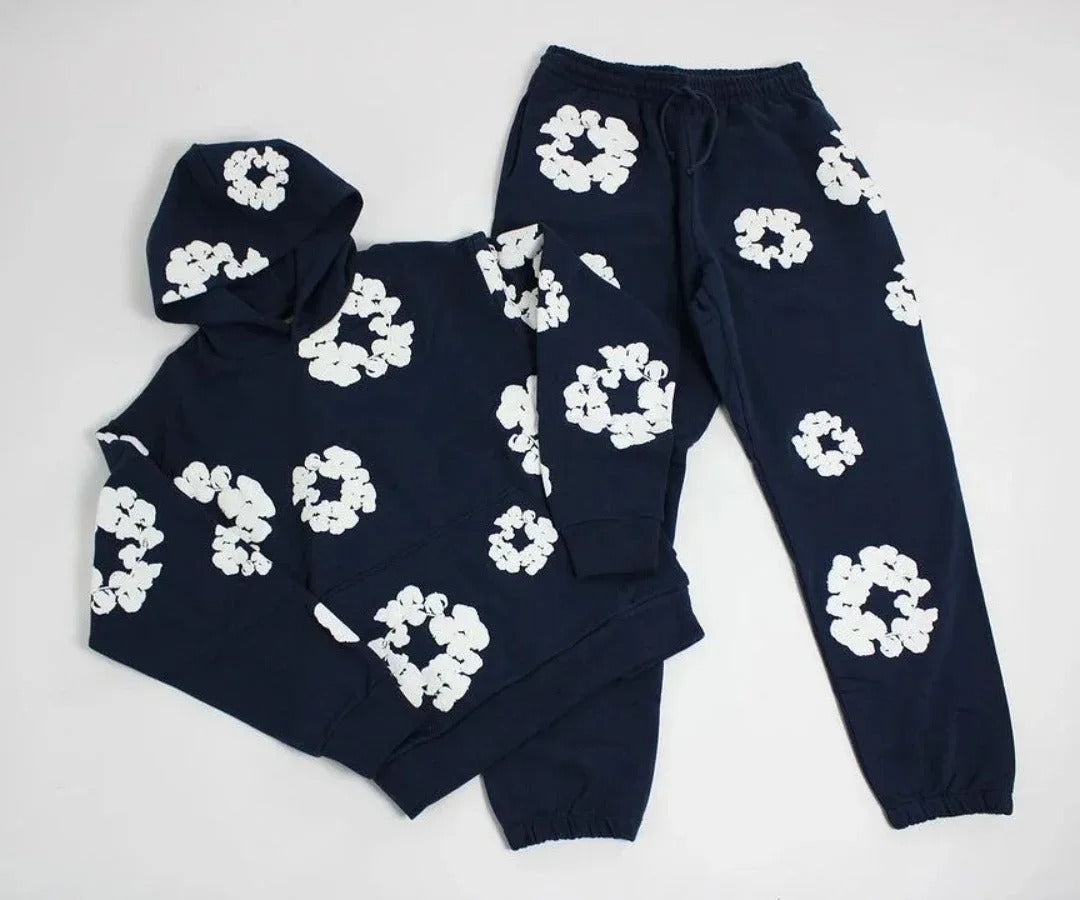 Men's Printed Denim Tracksuit Set – Casual Streetwear Outfit Navy blue suit