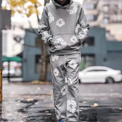 Men's Printed Denim Tracksuit Set – Casual Streetwear Outfit Grey suit