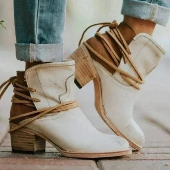 Women's Stylish Lace Up Block Heel Ankle Boots for Daily Use Beige