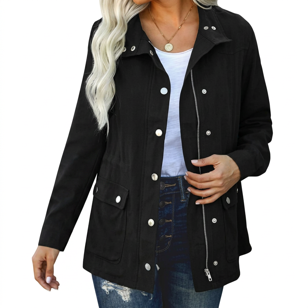Women's Fall Trench Coat with Stand Collar and Button Closure Black