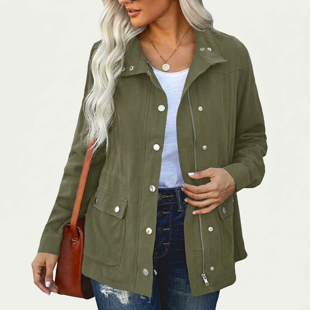 Women's Fall Trench Coat with Stand Collar and Button Closure Green