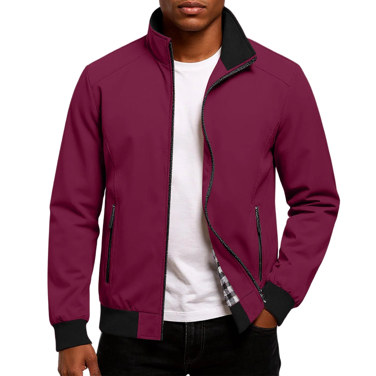 Men's Lightweight Fall Bomber Jacket with Stand Collar and Zip Pockets Red
