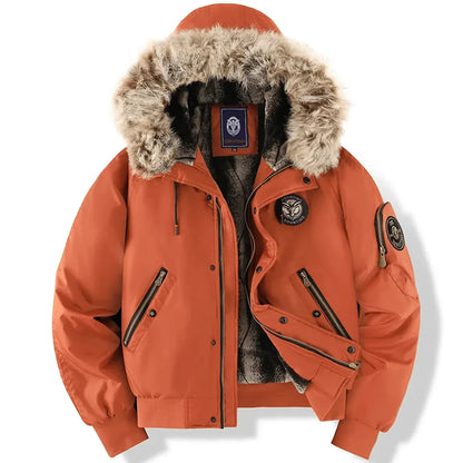 Men's Quilted Bomber Jacket with Faux Fur Hood for Daily Use Orange