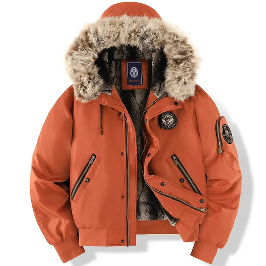 Men's Quilted Bomber Jacket with Faux Fur Hood for Daily Use Orange