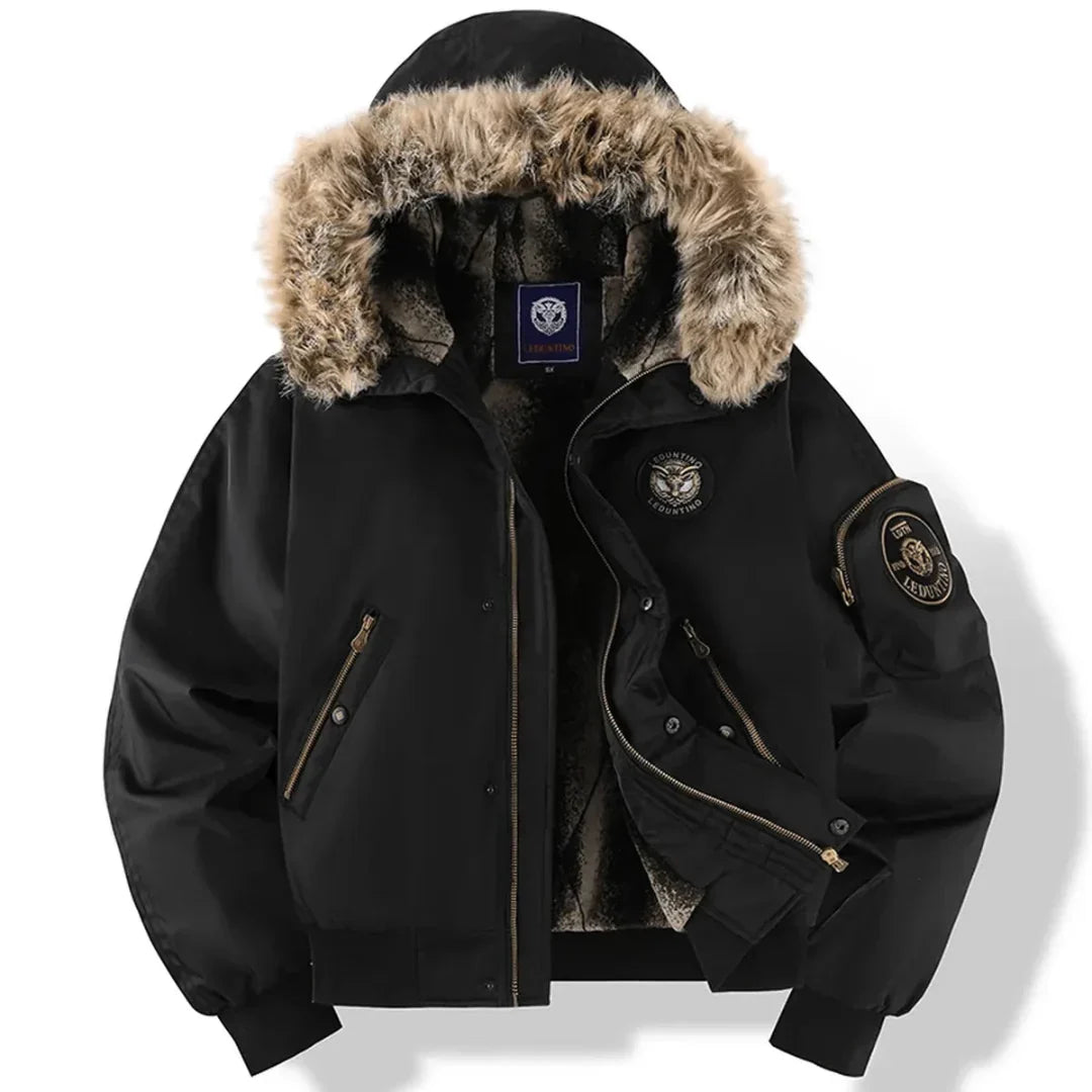 Men's Quilted Bomber Jacket with Faux Fur Hood for Daily Use Black