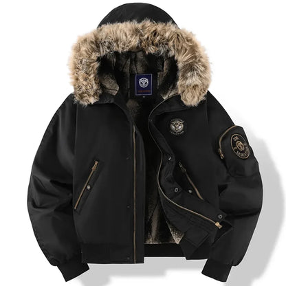 Men's Quilted Bomber Jacket with Faux Fur Hood for Daily Use Black