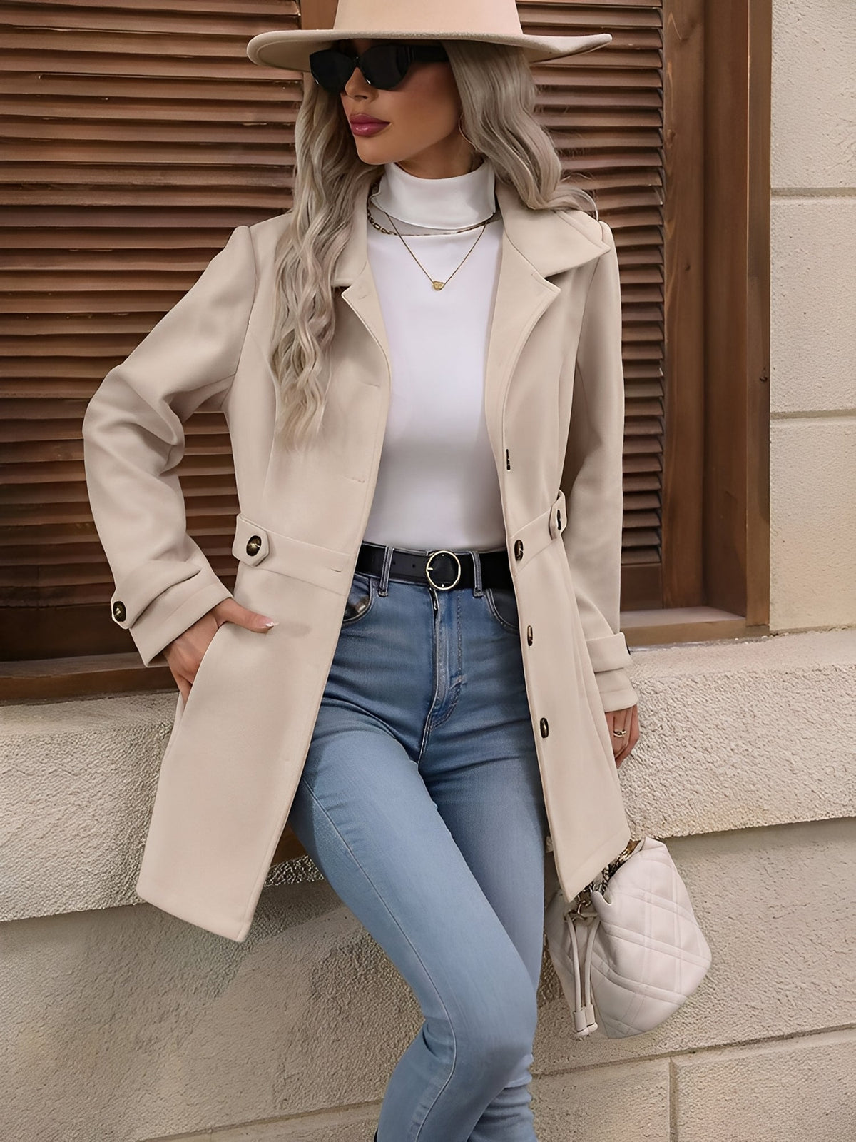 Women's Stylish Trench Coat with Adjustable Waist Belt for Daily Use Cream