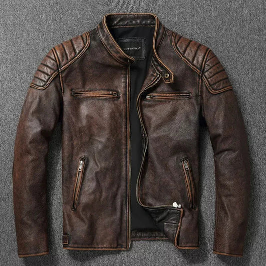 Men's Genuine Leather Bomber Jacket with Cowhide and Fur