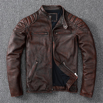 Men's Genuine Leather Bomber Jacket with Cowhide and Fur Brown