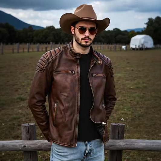 Men's Genuine Leather Bomber Jacket with Cowhide and Fur