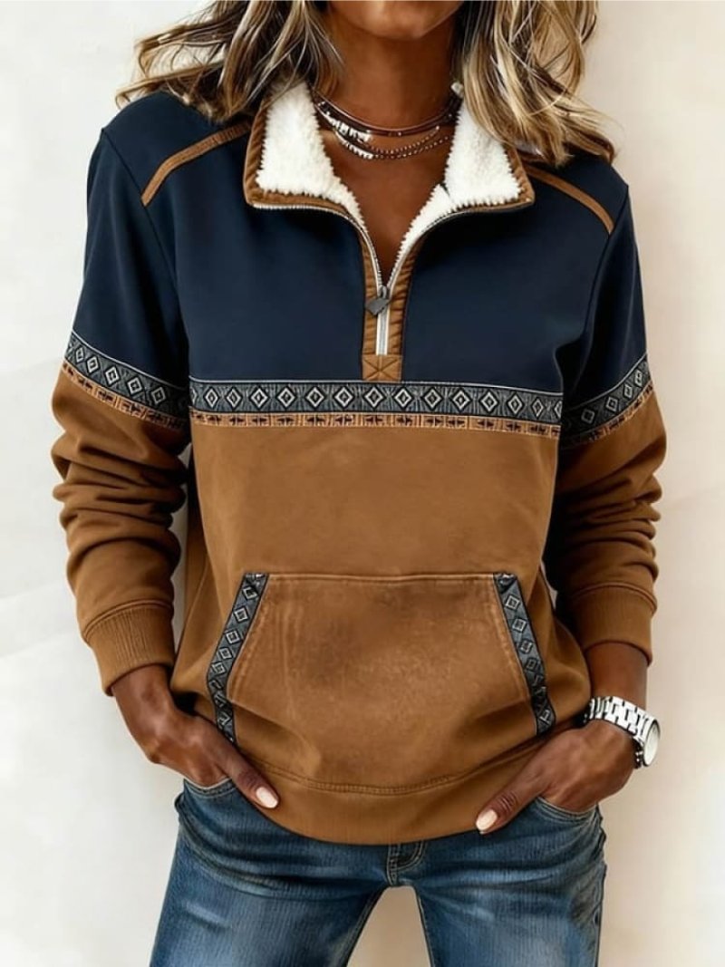 Women's Quarter-Zip Fleece Sweatshirt with Cozy Sherpa Collar dark blue brown