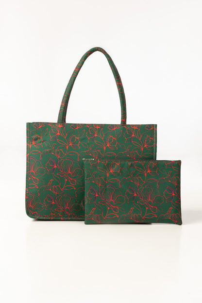 Green Floral Canvas Tote Bag with Matching Zip Pouch with 22", fixed
