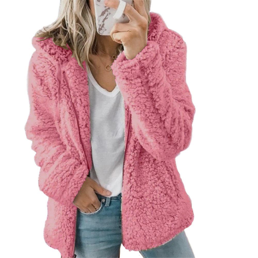 Women's Hooded Teddy Jacket with Zip Front and Long Sleeves Pink