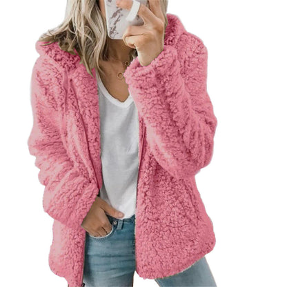 Women's Hooded Teddy Jacket with Zip Front and Long Sleeves Pink