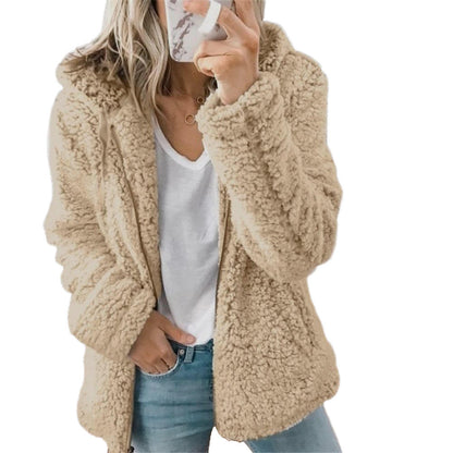 Women's Hooded Teddy Jacket with Zip Front and Long Sleeves Beige
