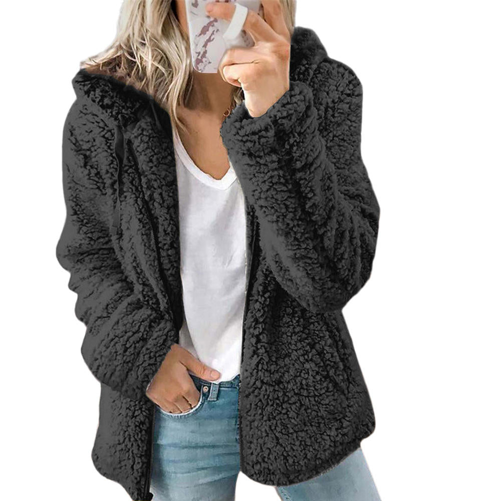 Women's Hooded Teddy Jacket with Zip Front and Long Sleeves Black