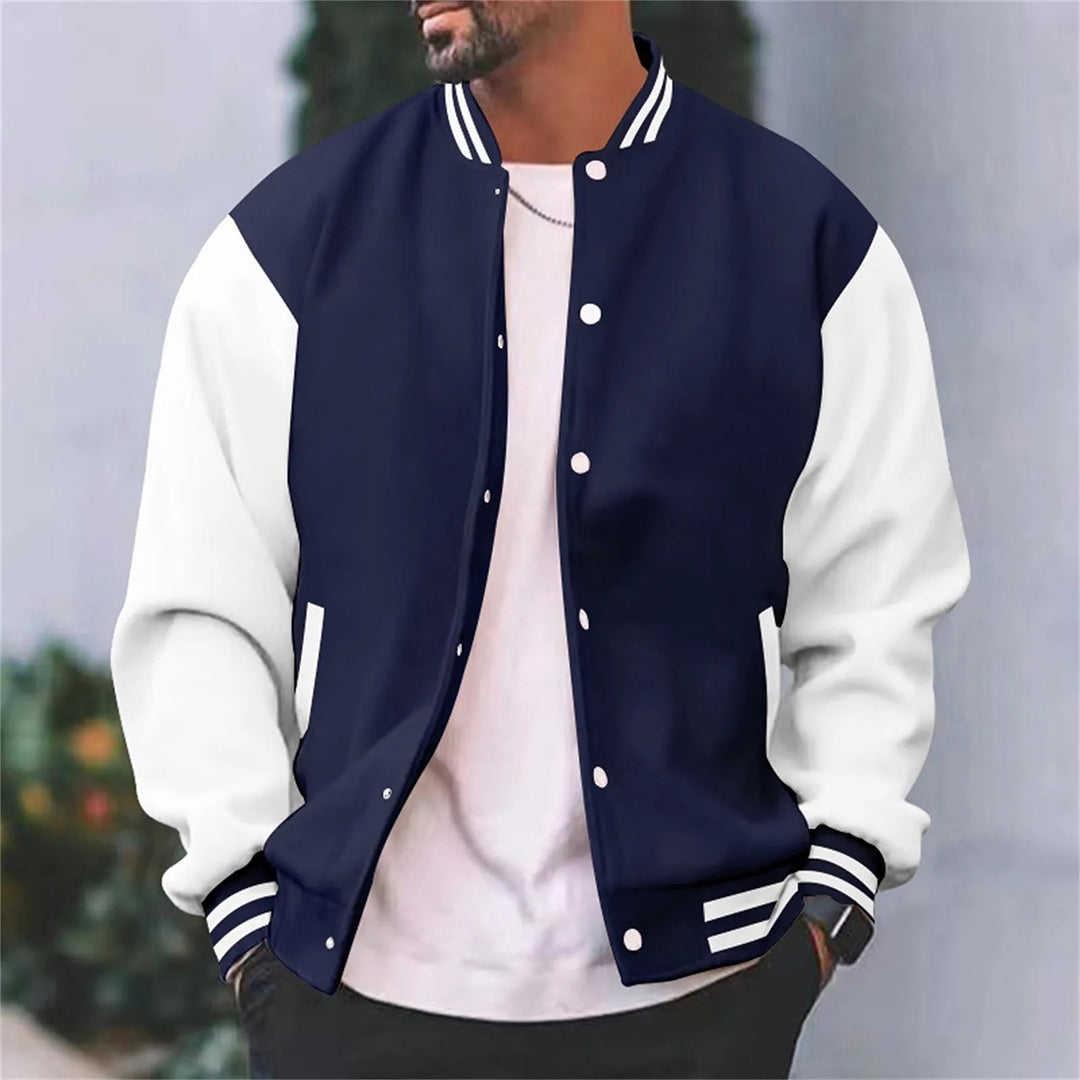 Men's Lightweight Fall Bomber Jacket with Ribbed Collar and Snap Navy Blue
