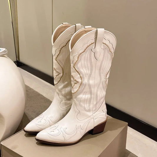 Women's Stylish Embroidered Pointed Toe Western Boots for Daily Use White