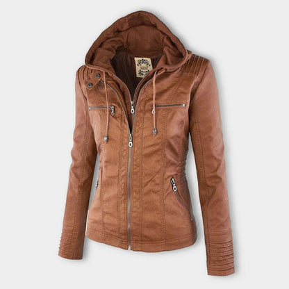 Women's Hooded Faux Leather Motorcycle Jacket with Full front zipper