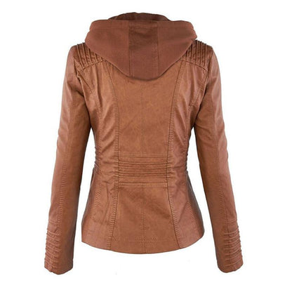 Women's Hooded Faux Leather Motorcycle Jacket with Full front zipper