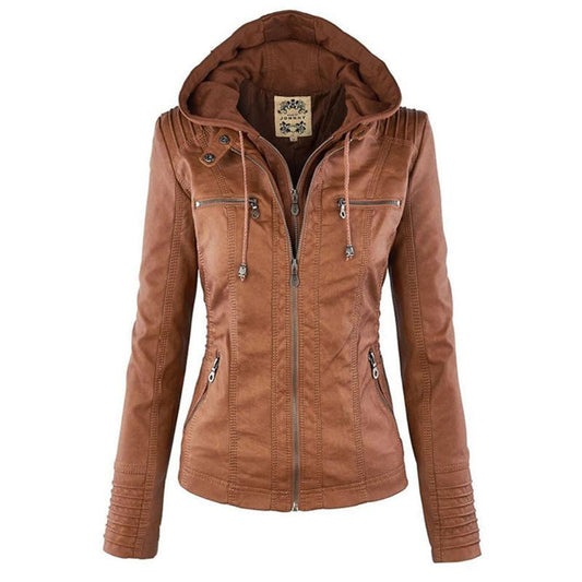 Women's Hooded Faux Leather Motorcycle Jacket with Full front zipper Brown